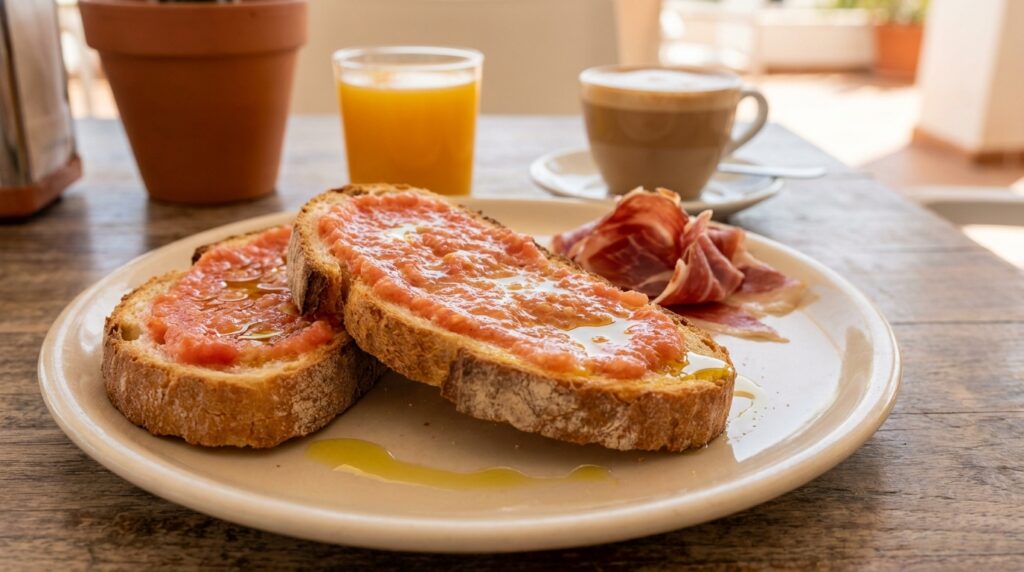 Tostada con tomate, aceite de oliva y jamón en La Nueva Dama, El Altet
