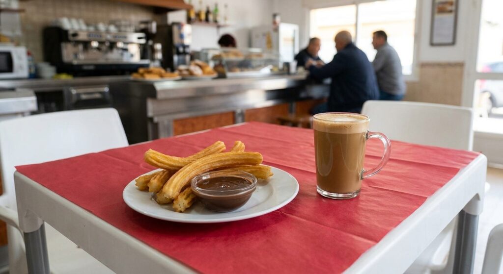 Café con leche y churros en La Nueva Dama, El Altet