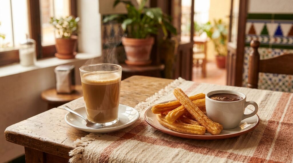 Café con leche y churros con chocolate en La Nueva Dama, El Altet