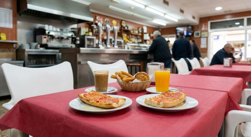 Desayuno español completo con tostadas, café con leche y zumo en La Nueva Dama, El Altet