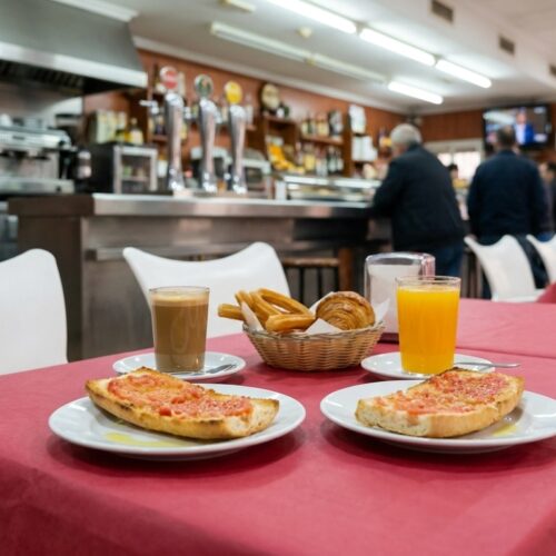 Desayuno español completo con tostadas, café con leche y zumo en La Nueva Dama, El Altet