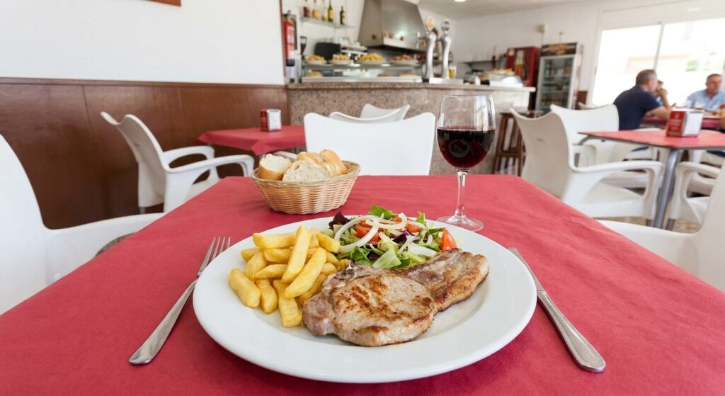 Segundo plato del menú del día con carne, patatas y ensalada en La Nueva Dama, El Altet