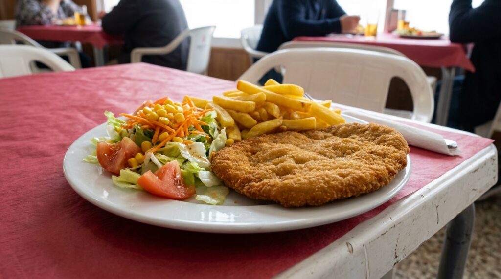 Plato combinado de escalope con patatas y ensalada en La Nueva Dama, El Altet